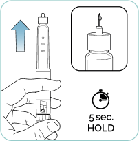 Medicine droplet visible at needle tip. ‘5 sec. HOLD’ shown.