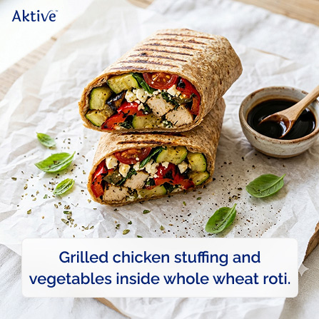 Grilled chicken stuffing and vegetables inside whole wheat roti.
