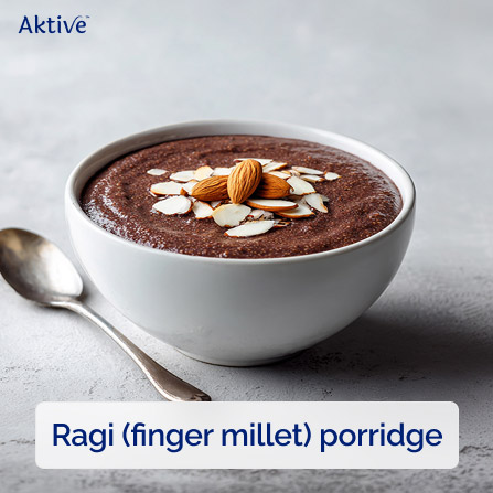 Ragi (finger millet) porridge garnished with almond slices.