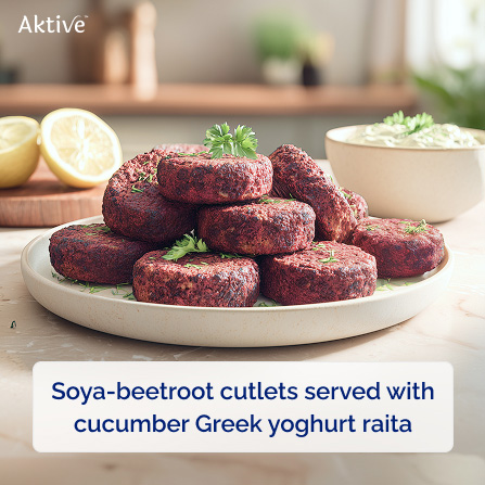 Soya-beetroot cutlets served with cucumber Greek yoghurt raita