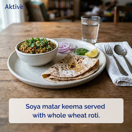 Soya matar keema served with whole wheat roti.